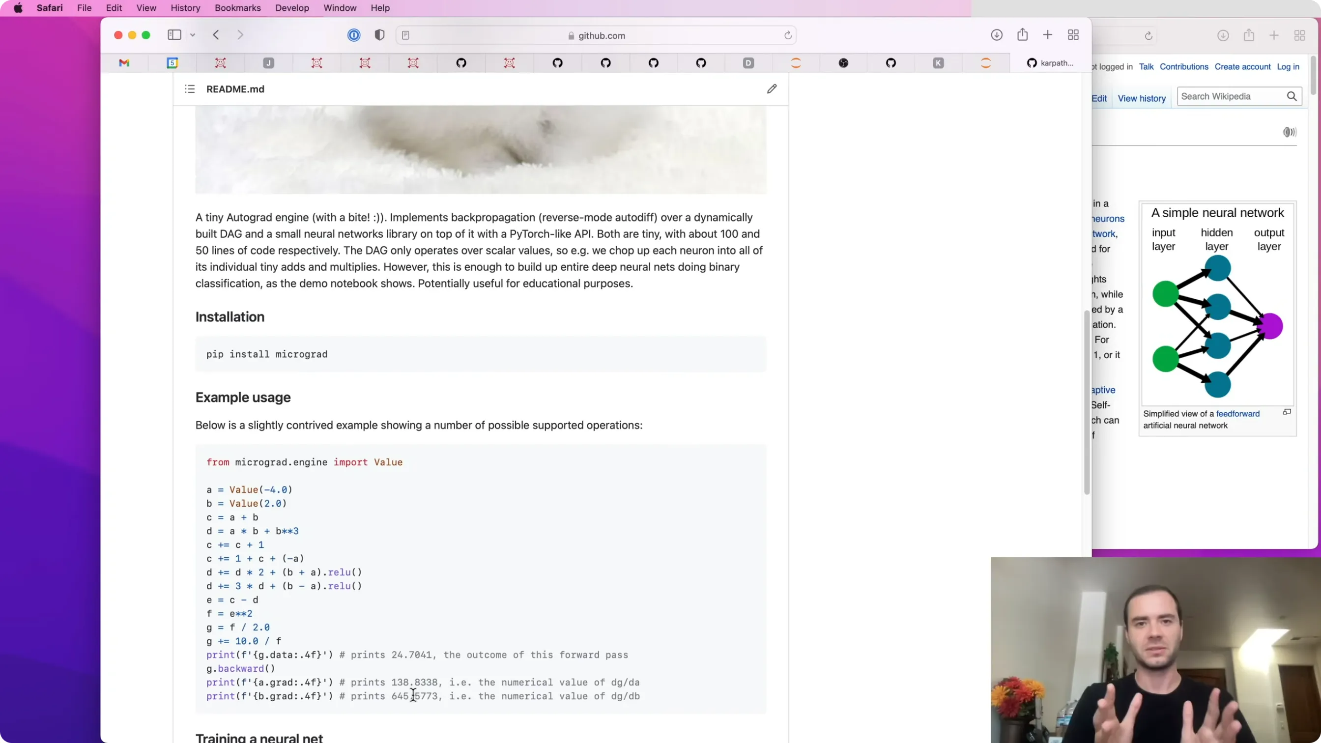 micrograd 的 README 示例：a、b 经过 c/d/e/f 得到 g，并可查询 grad