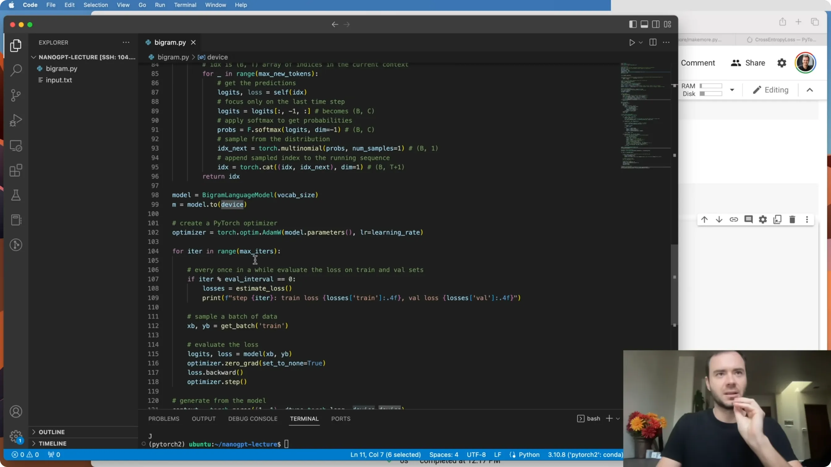 bigram.py：设备切换、estimate_loss、model.eval()+no_grad 的正确姿势