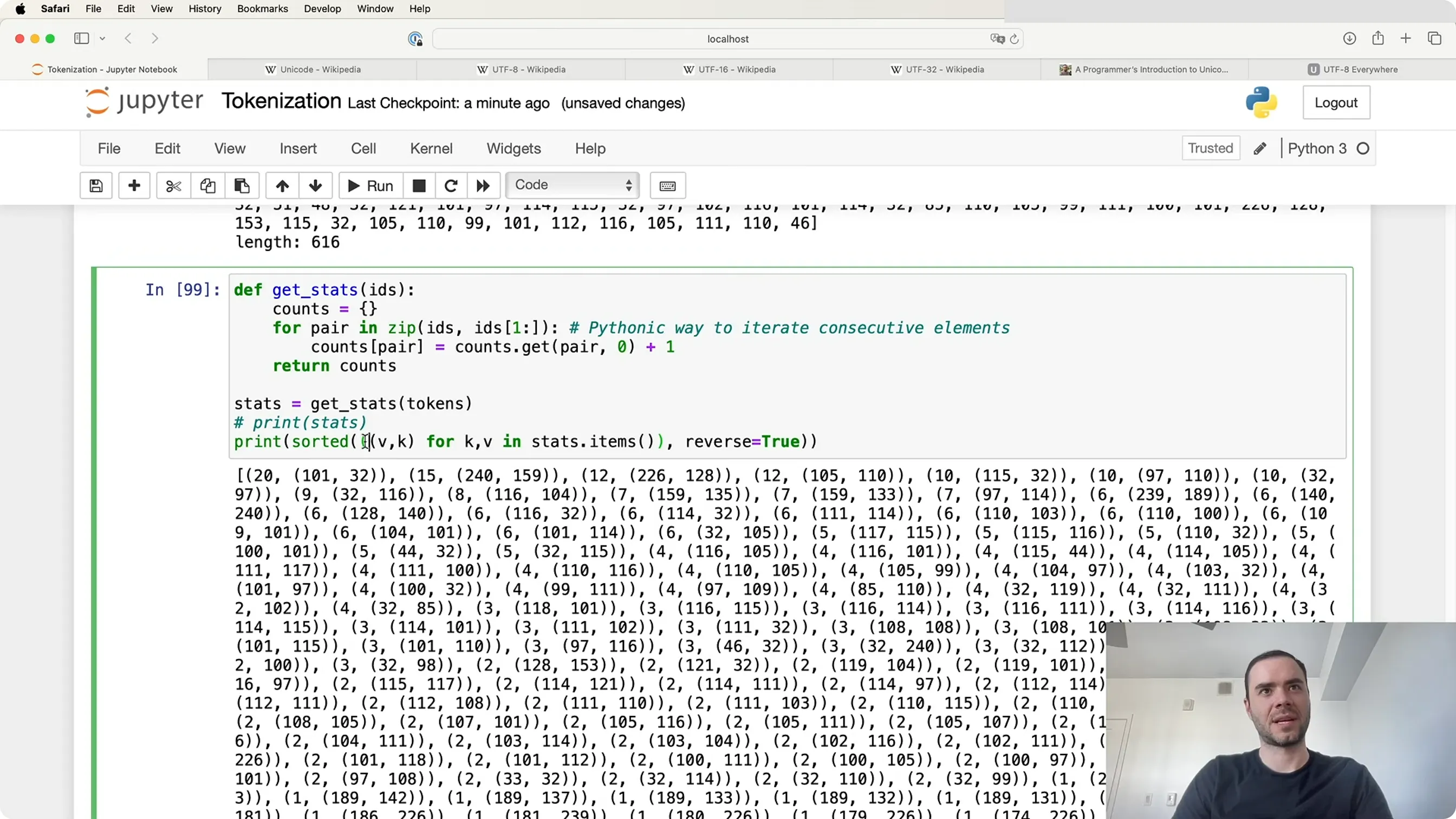 `get_stats` 的输出：`(101, 32)`（即 `e`+空格）出现 20 次