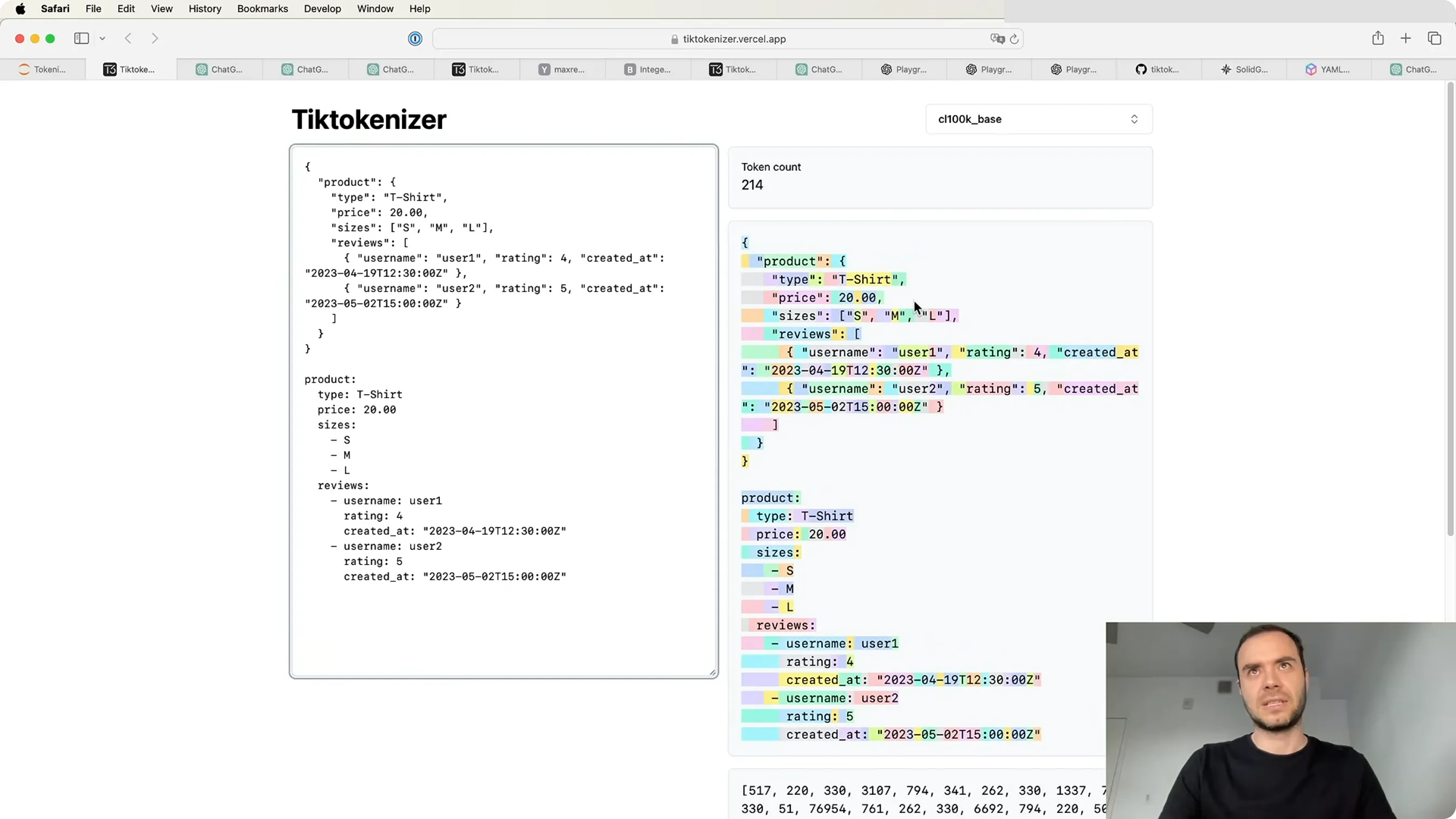 同一份结构化数据：JSON 116 tokens vs YAML 99 tokens