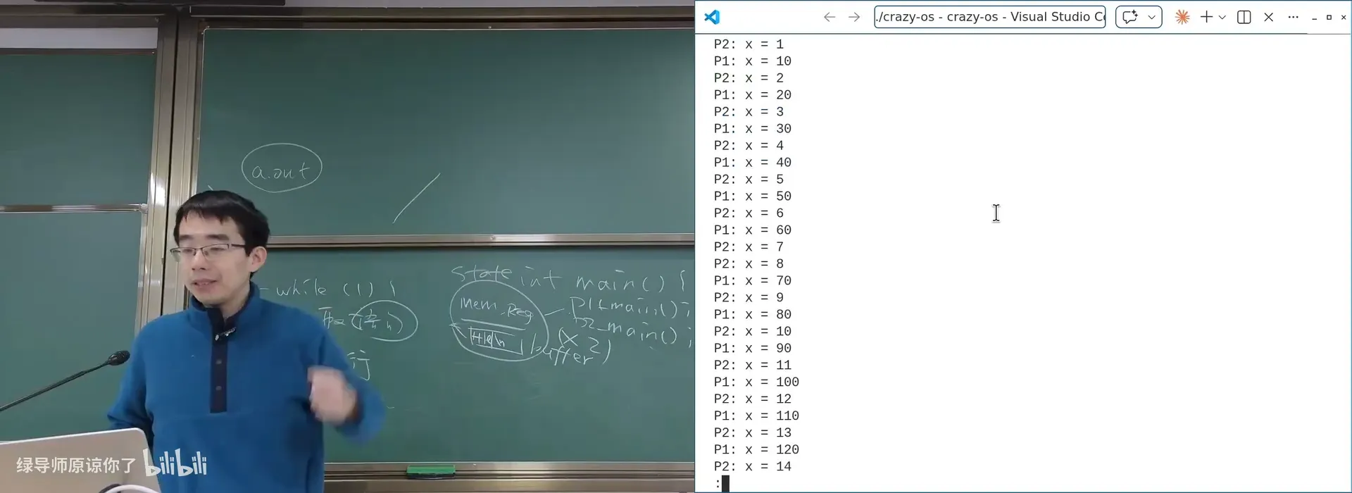 CrazyOS 交替运行 P1 与 P2：公平轮转下的输出