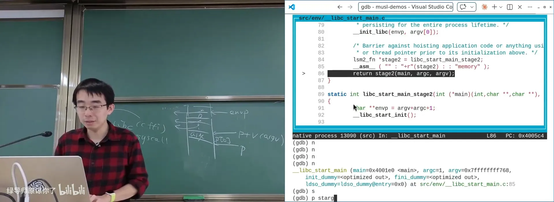 gdb 跟进 `libc_start_main_stage2`：`exit(main(argc, argv, envp))`