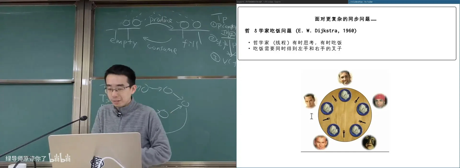 哲学家吃饭：naive 信号量版（各拿左手叉子 → 死锁）