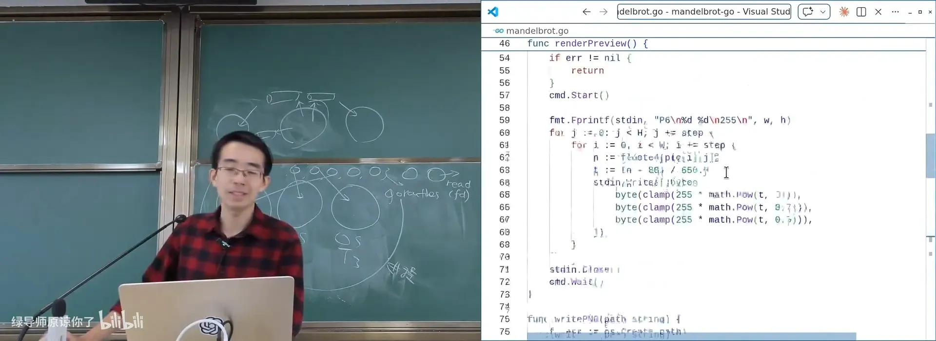 Mandelbrot-Go：goroutine 按行分块计算，用 channel 汇报完成，monitor 用 select 监听