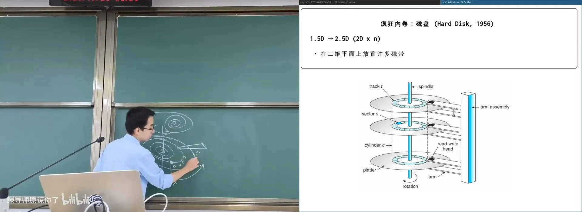 磁盘：在二维平面上放置许多磁道，读写头 + 转轴