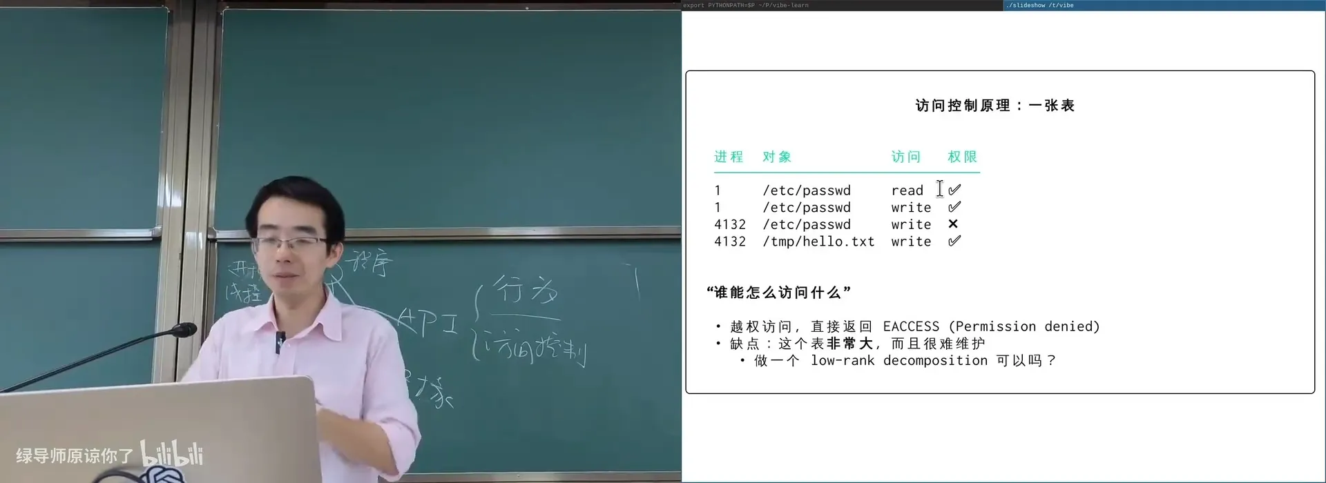 访问控制矩阵：进程 × 对象 × 访问方式，用「身份 + 权限」做低秩分解