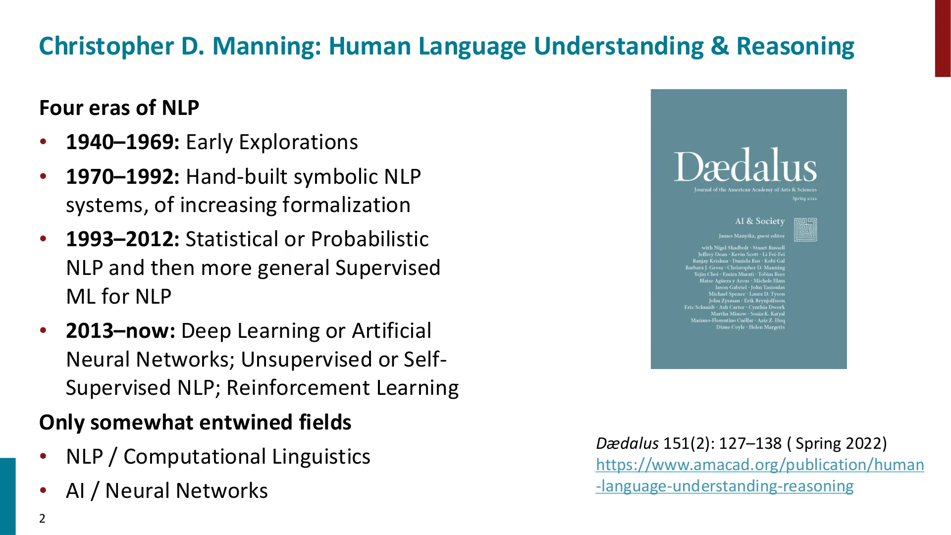 Christopher Manning 绘制的 NLP 四时代地图，用来框定整堂讲座与整门课程