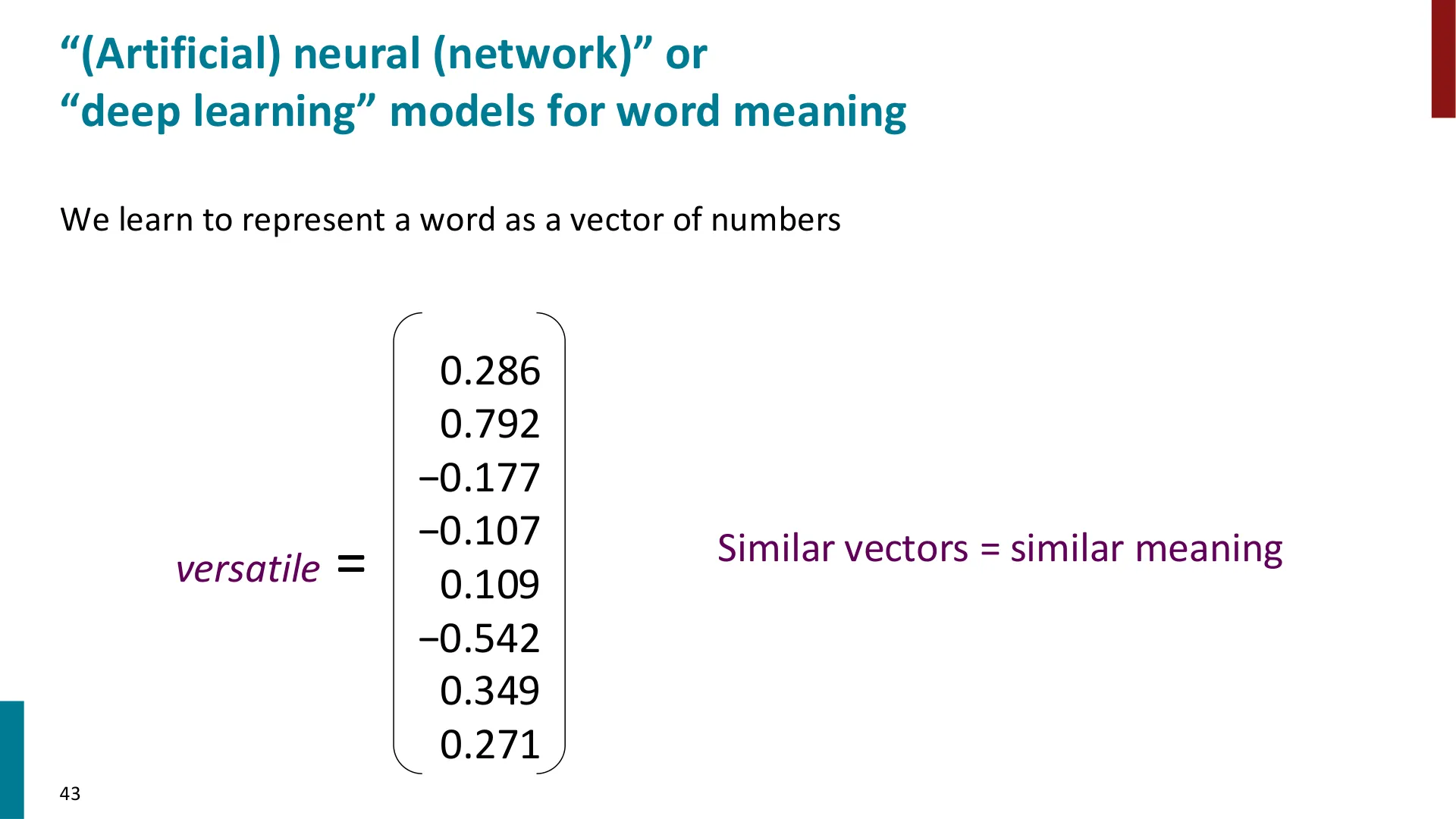 Meaning as a vector of numbers: versatile = 0.286, 0.792, −0.177, …, with 