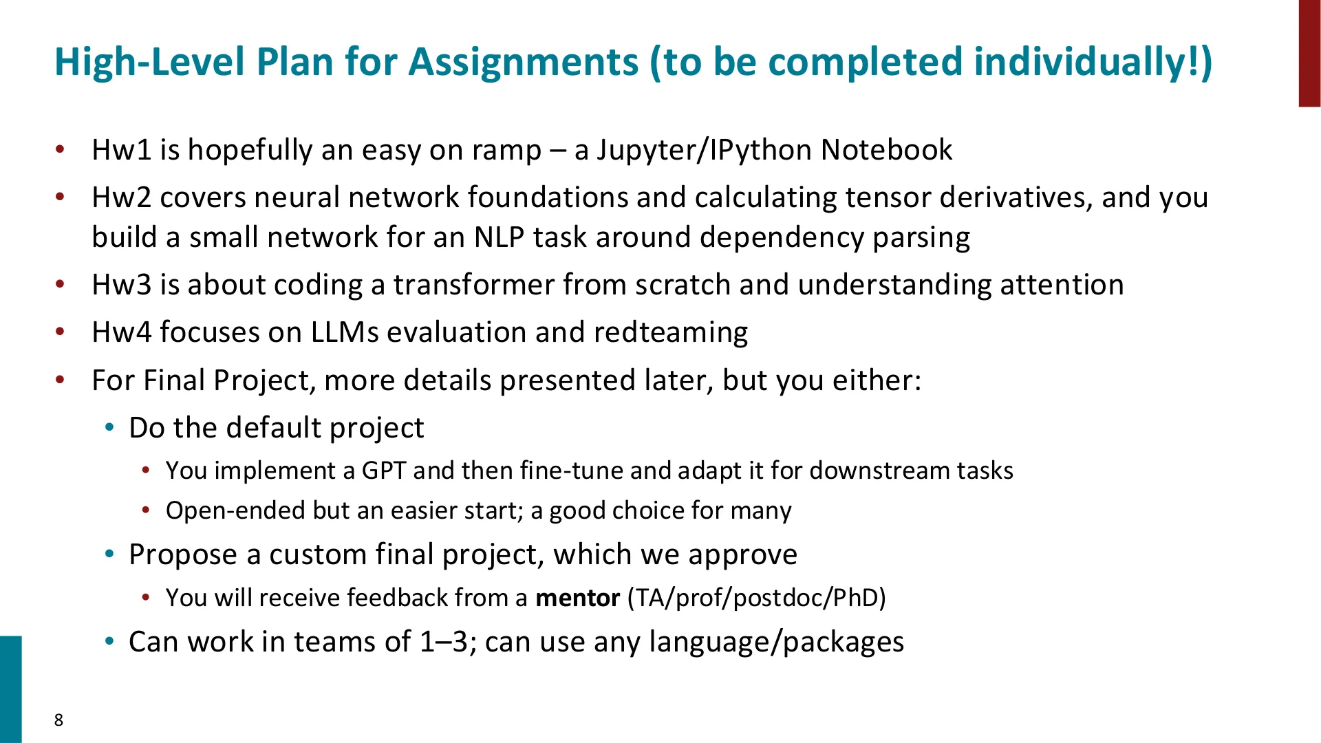 Manning 逐一走过每次作业的内容（HW1 是 notebook，HW2 是神经网络基础与依存句法分析，HW3 是从零实现 transformer，HW4 是 LLM 评估）以及两种期末项目选项；这一页是那次讲解的清晰总结。