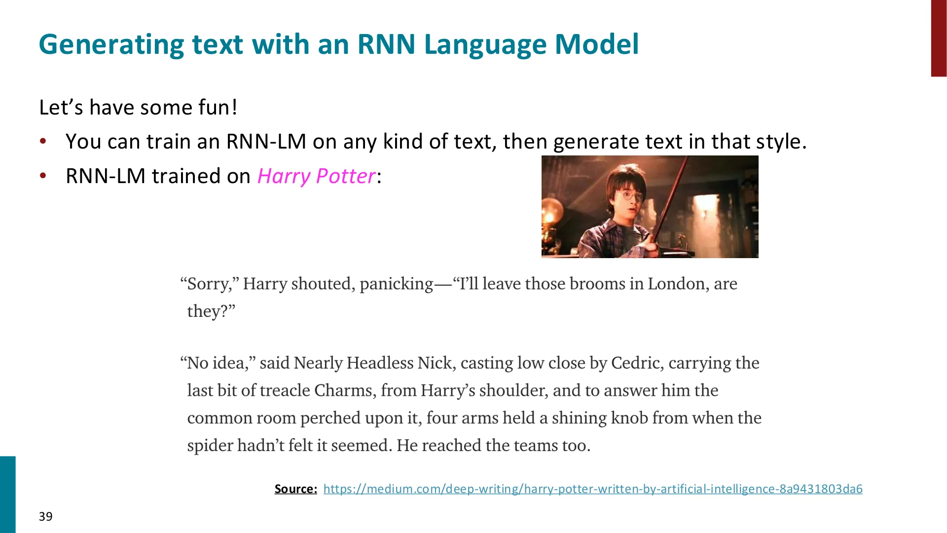 在哈利波特语料上训练的 RNN 生成的文本