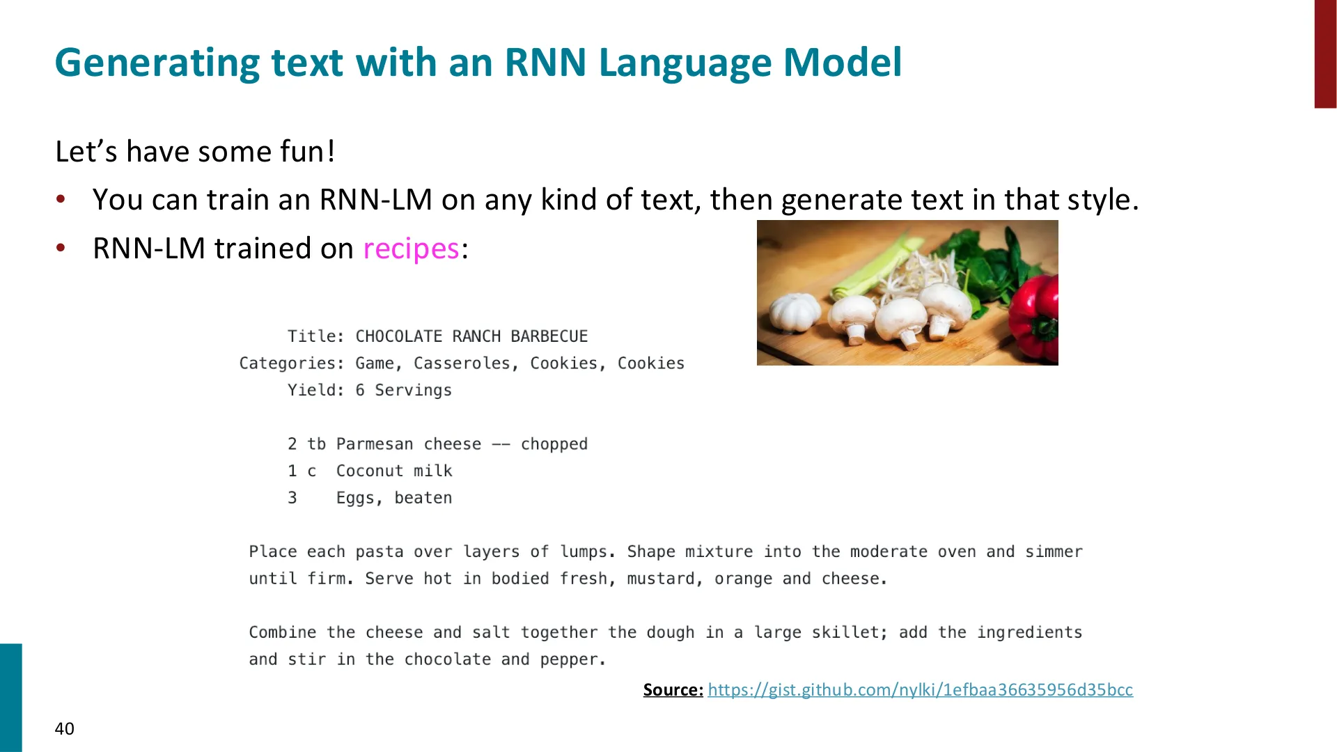 在食谱语料上训练的 RNN 生成的