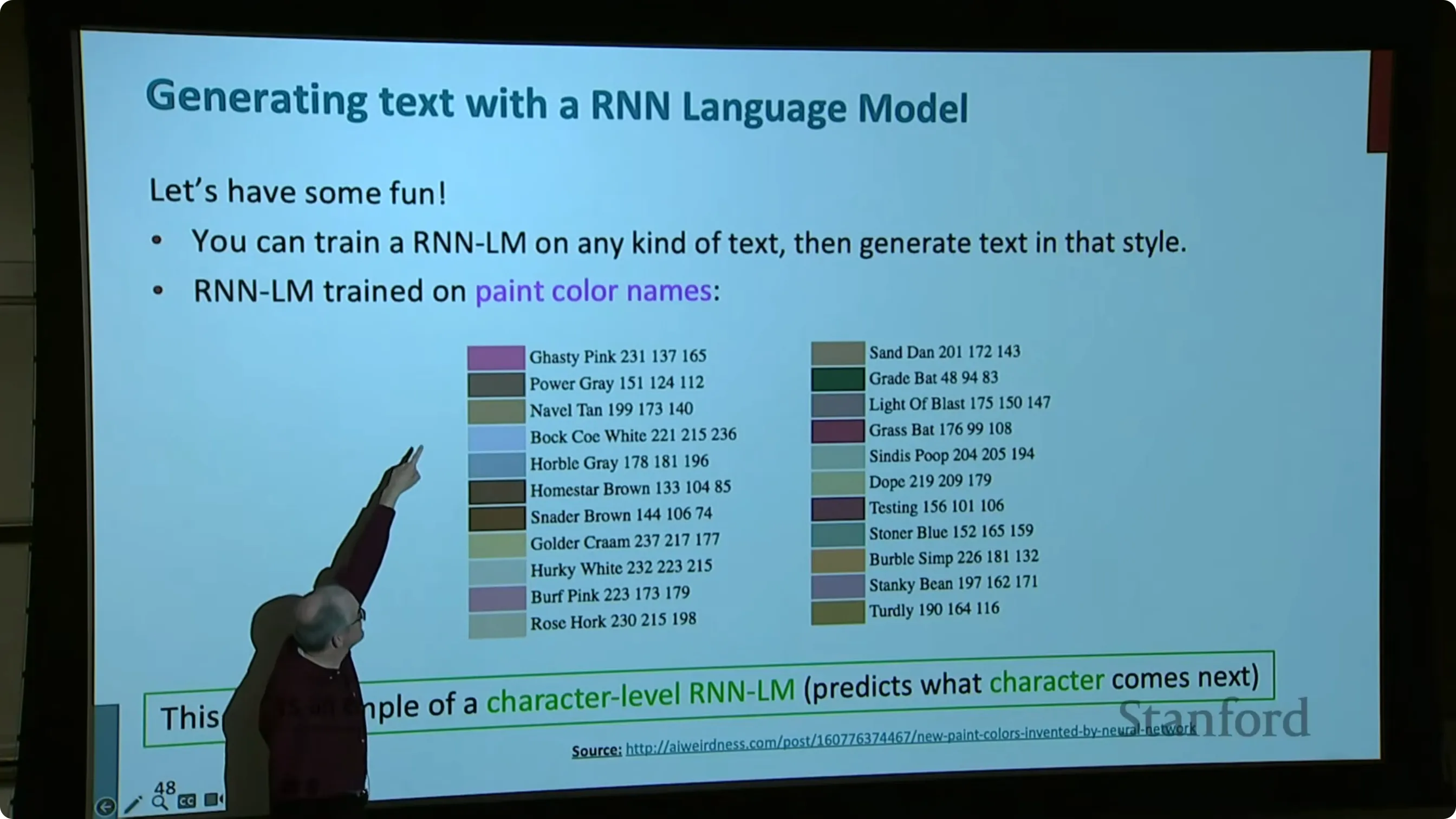 用 RGB 初始化隐藏状态、逐字符生成颜色名字：模型给不同颜色起了名字