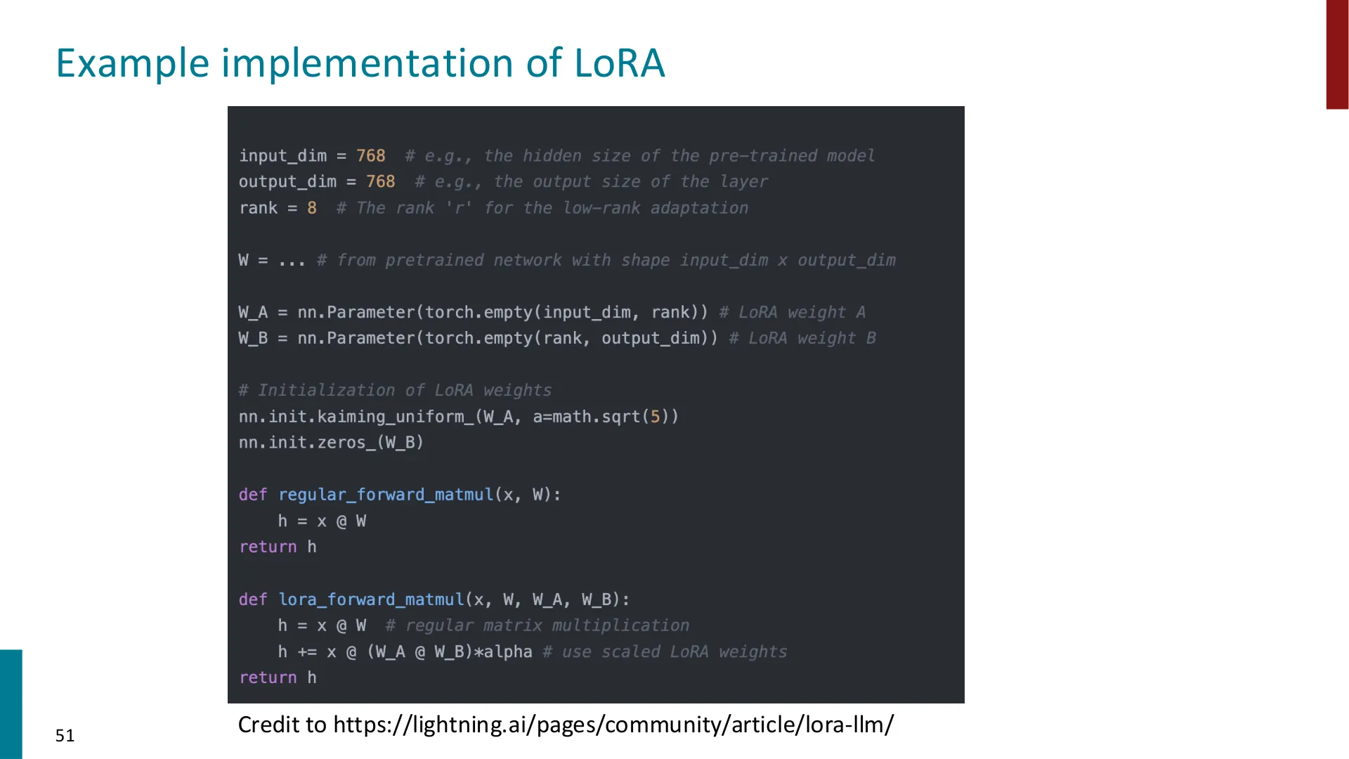 LoRA 的实现示例：在前向结果上加一个可训练的低秩偏移项