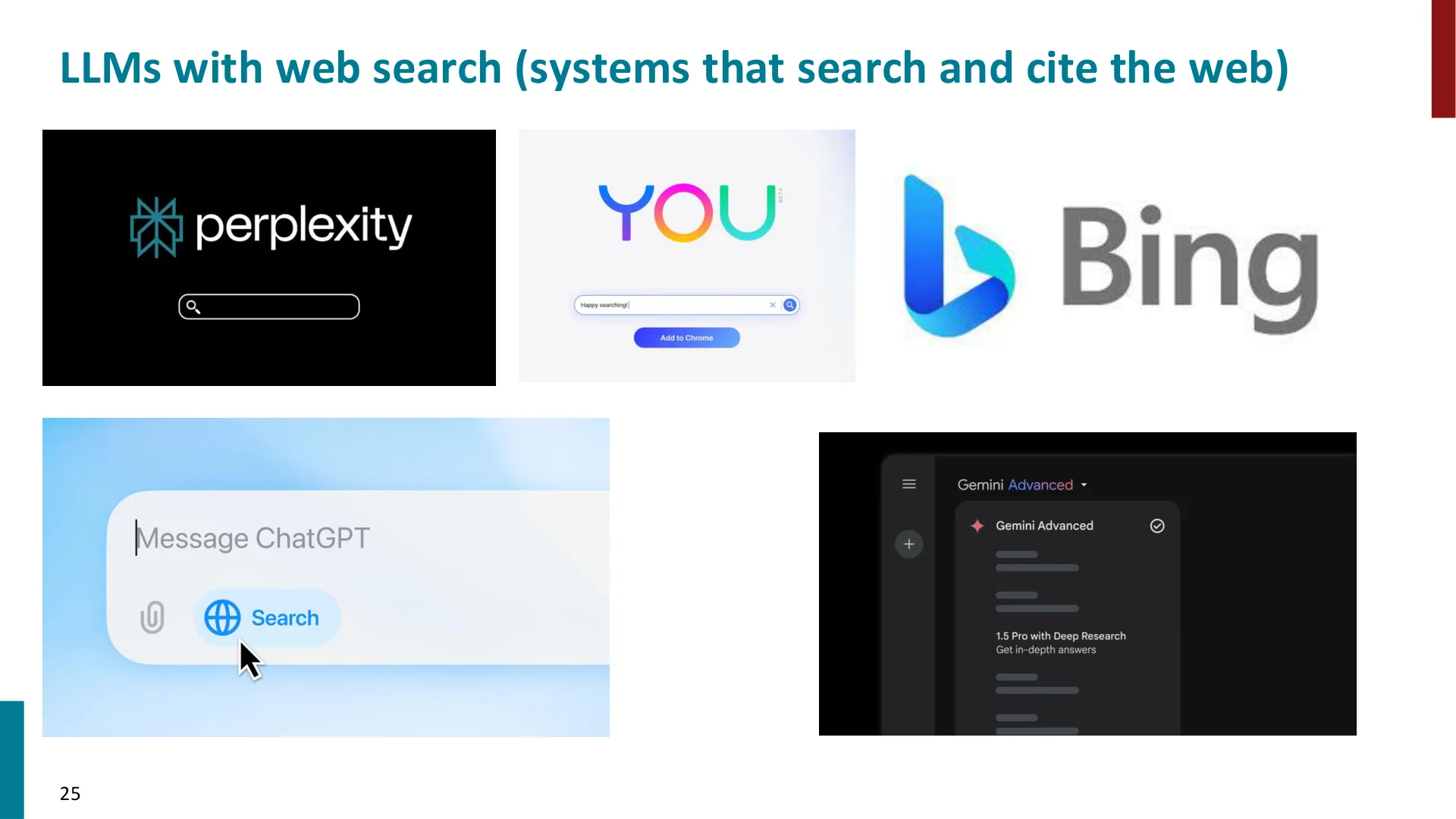 第 25 页幻灯片 · LLMs with web search (systems that search and cite the web)