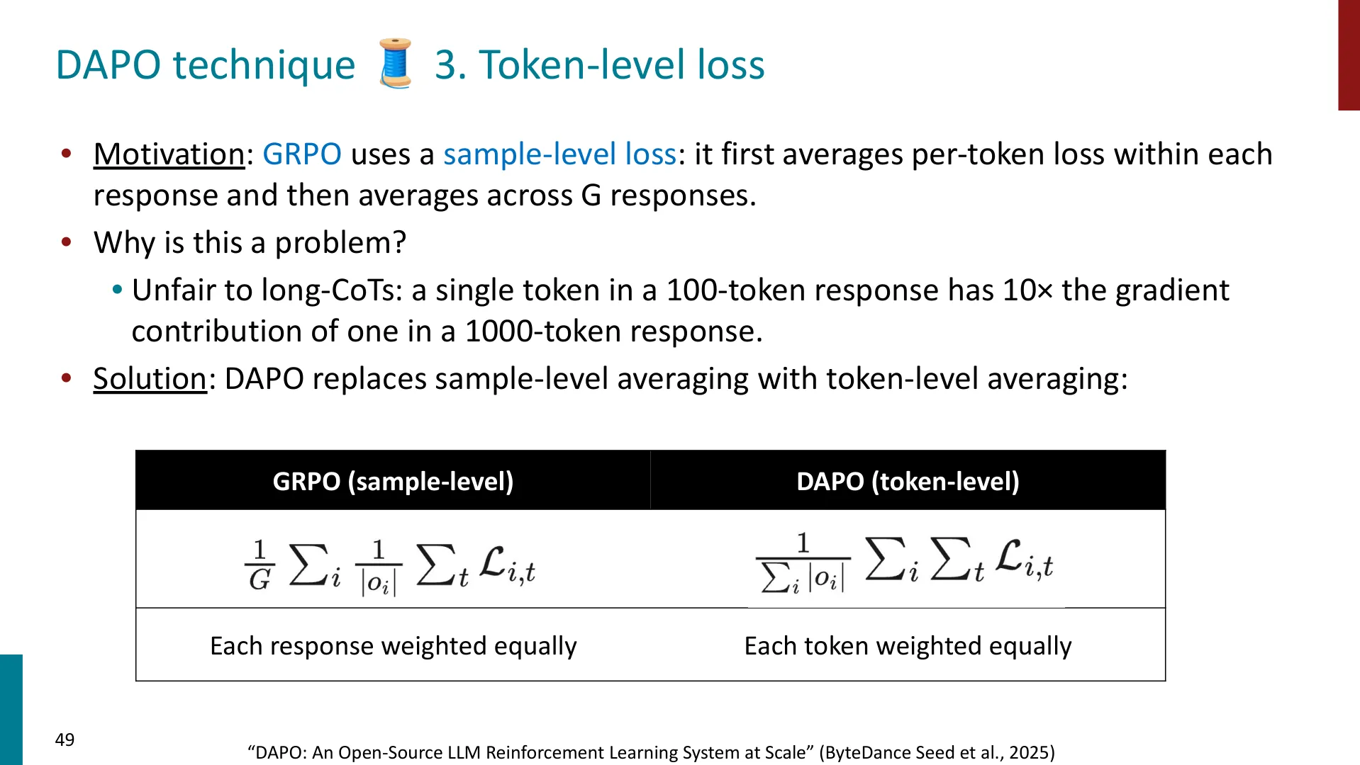 第 49 页幻灯片 · DAPO technique 🧵 3. Token-level loss