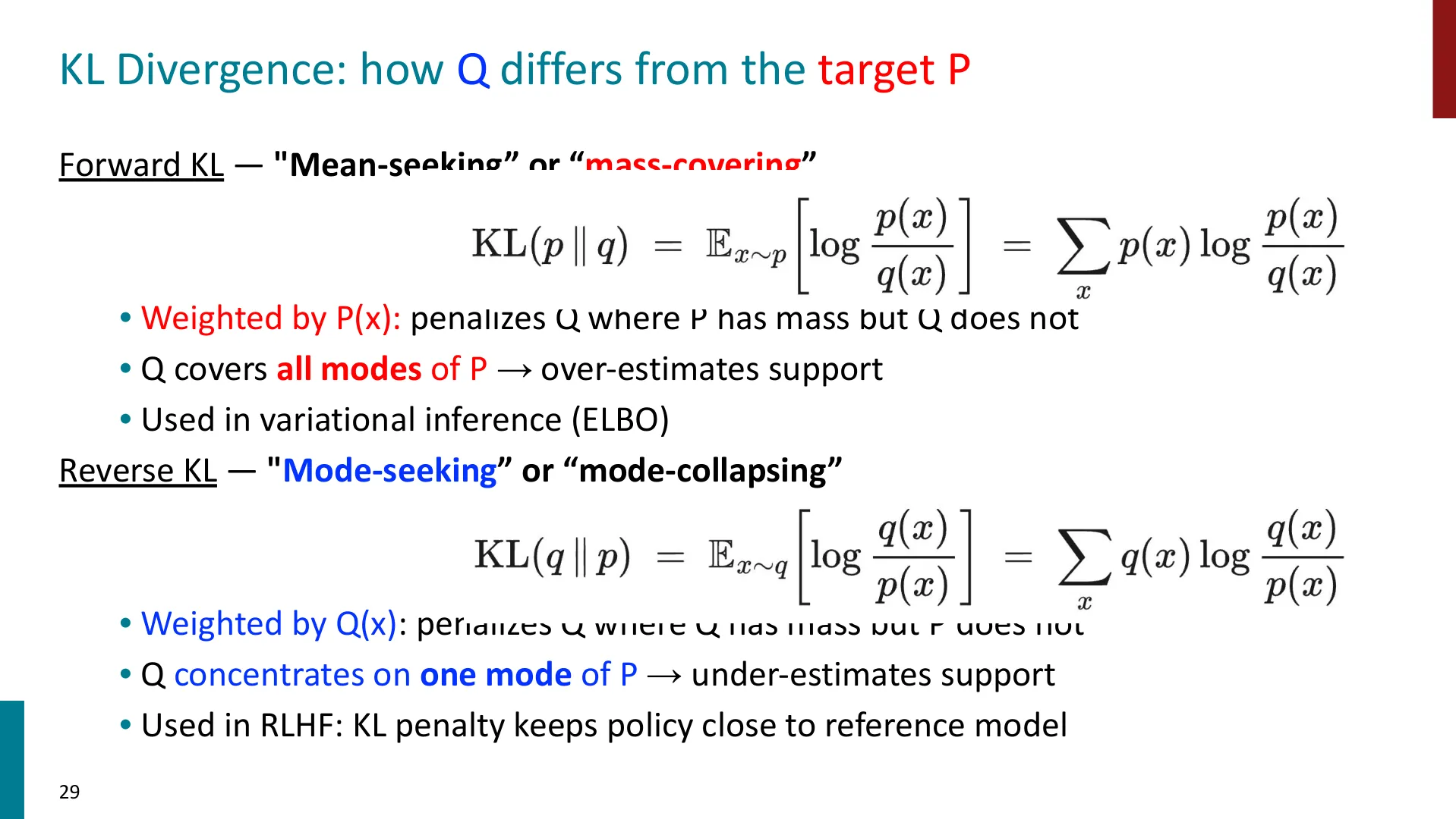 第 29 页幻灯片 · KL Divergence: how Q differs from the target P