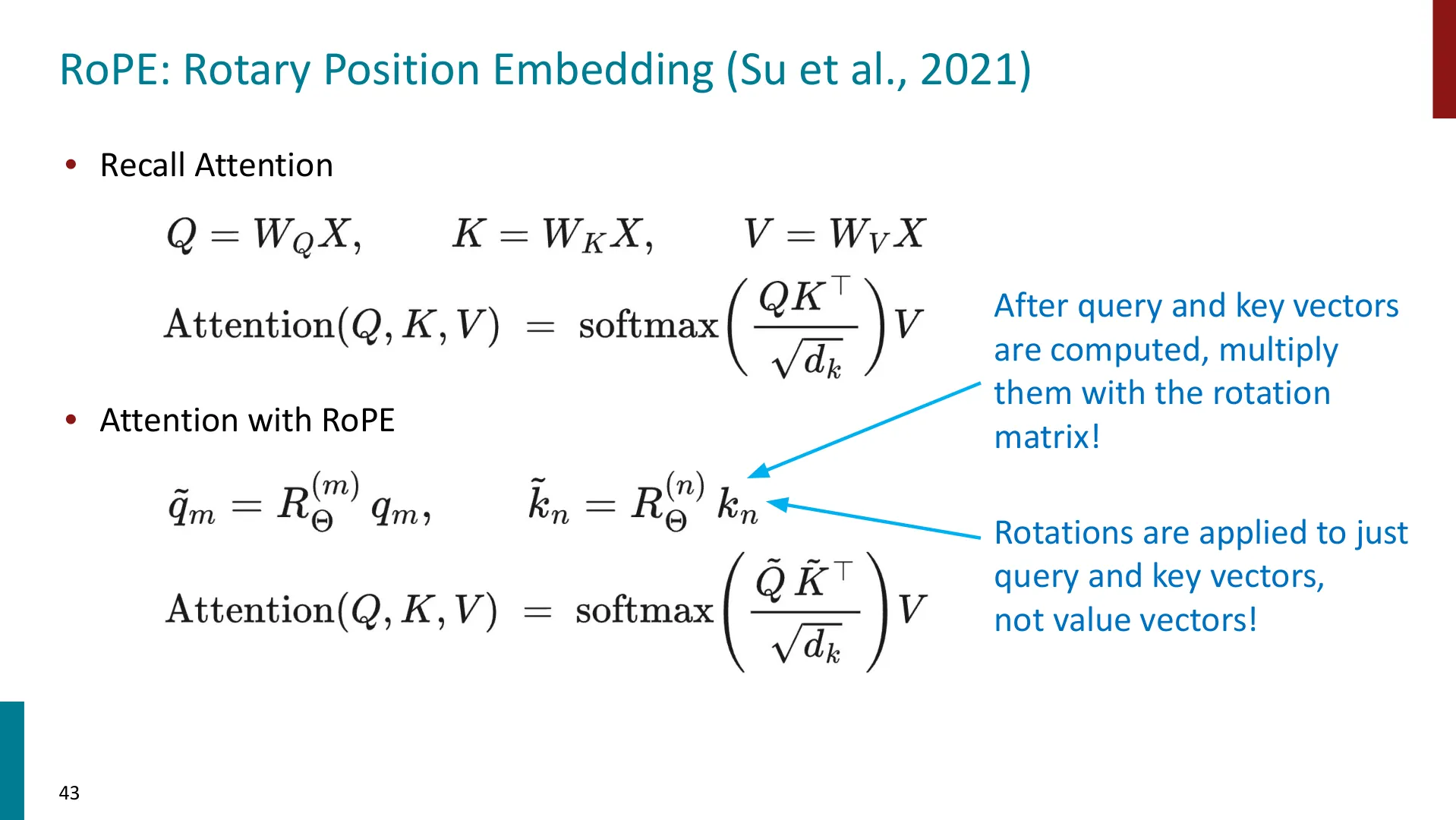 第 43 页幻灯片 · RoPE: Rotary Position Embedding (Su et al., 2021)