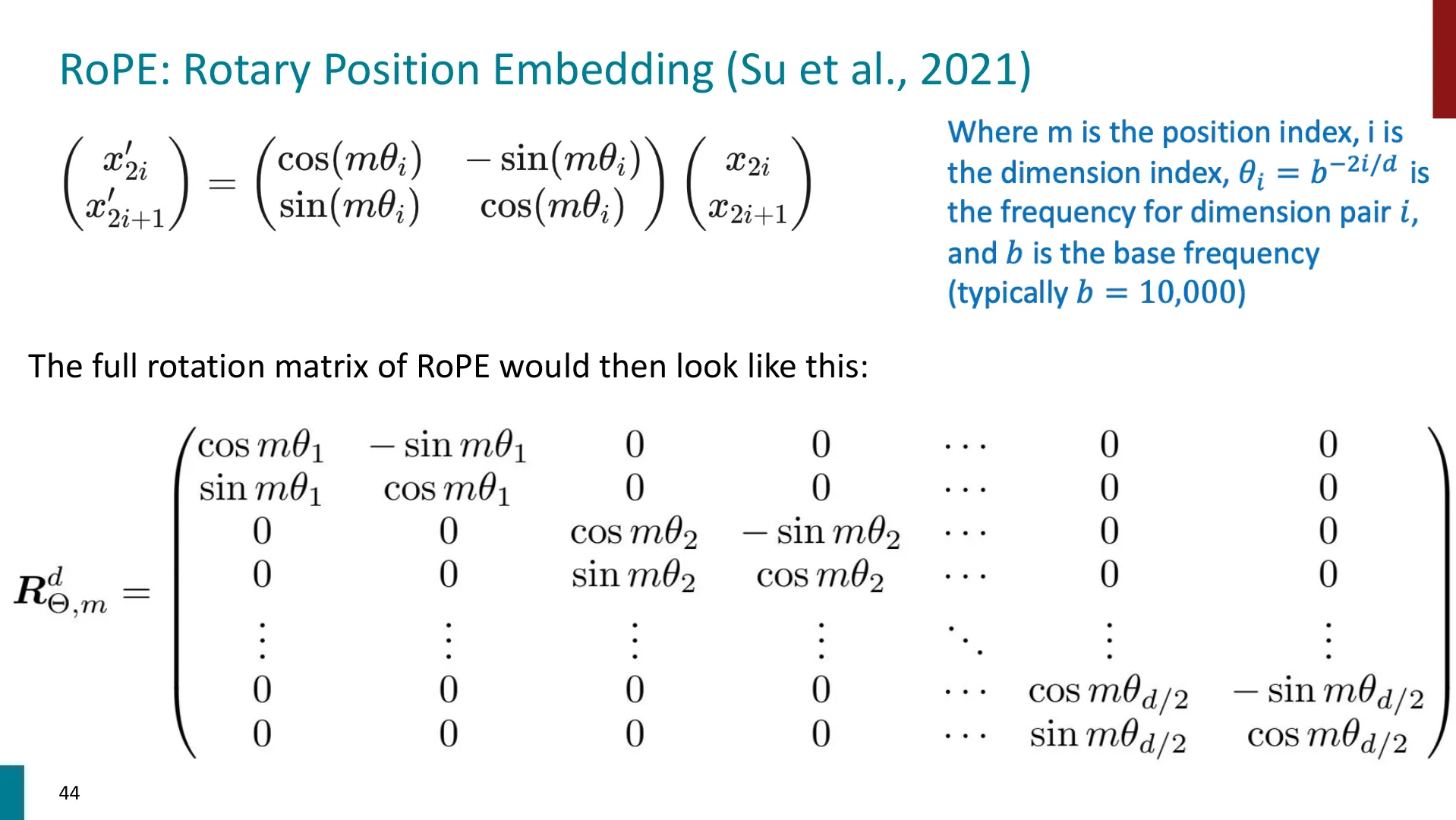 第 44 页幻灯片 · RoPE: Rotary Position Embedding (Su et al., 2021)