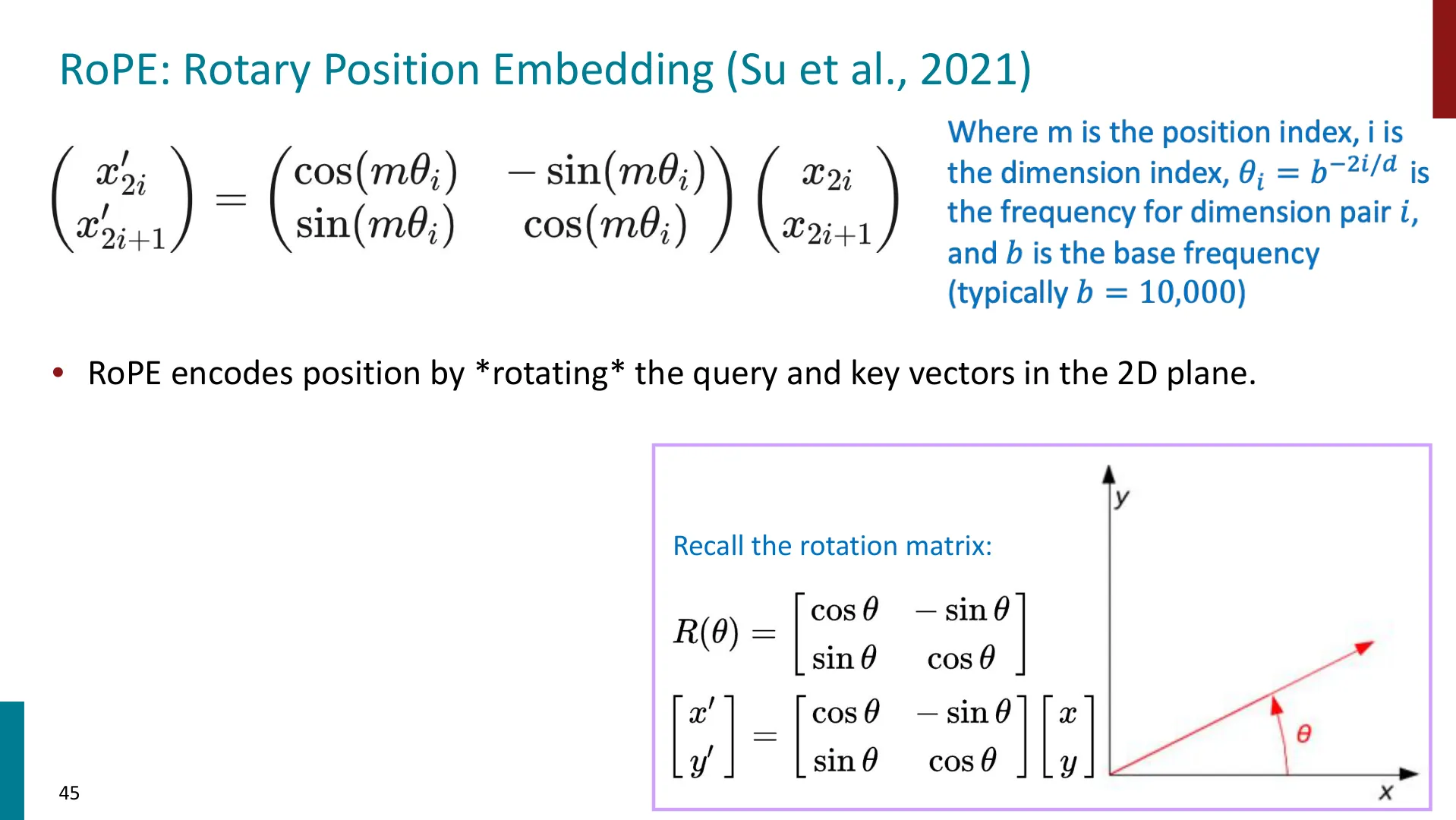 第 45 页幻灯片 · RoPE: Rotary Position Embedding (Su et al., 2021)
