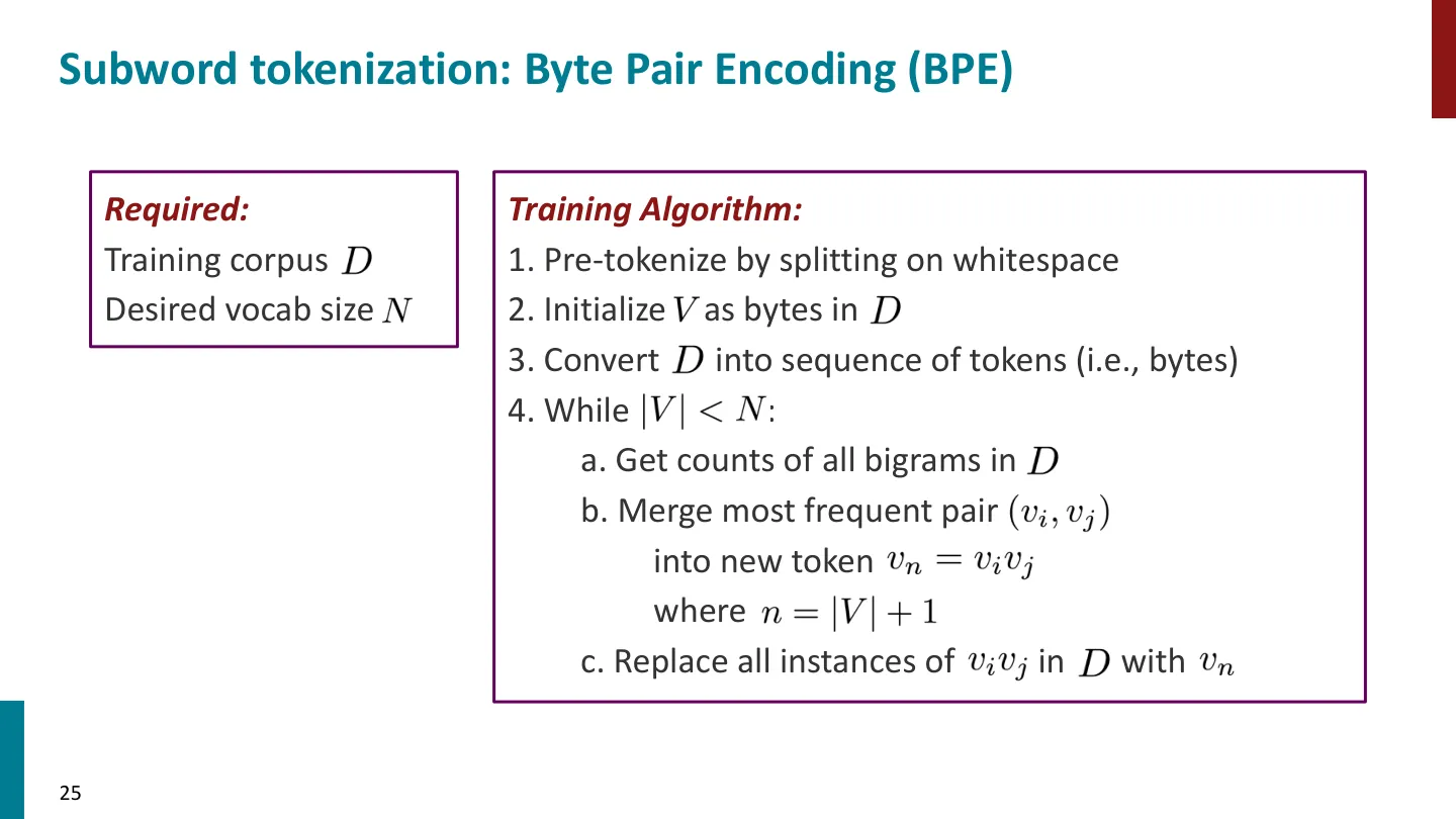 第 25 页幻灯片 · Subword tokenization: Byte Pair Encoding (BPE)