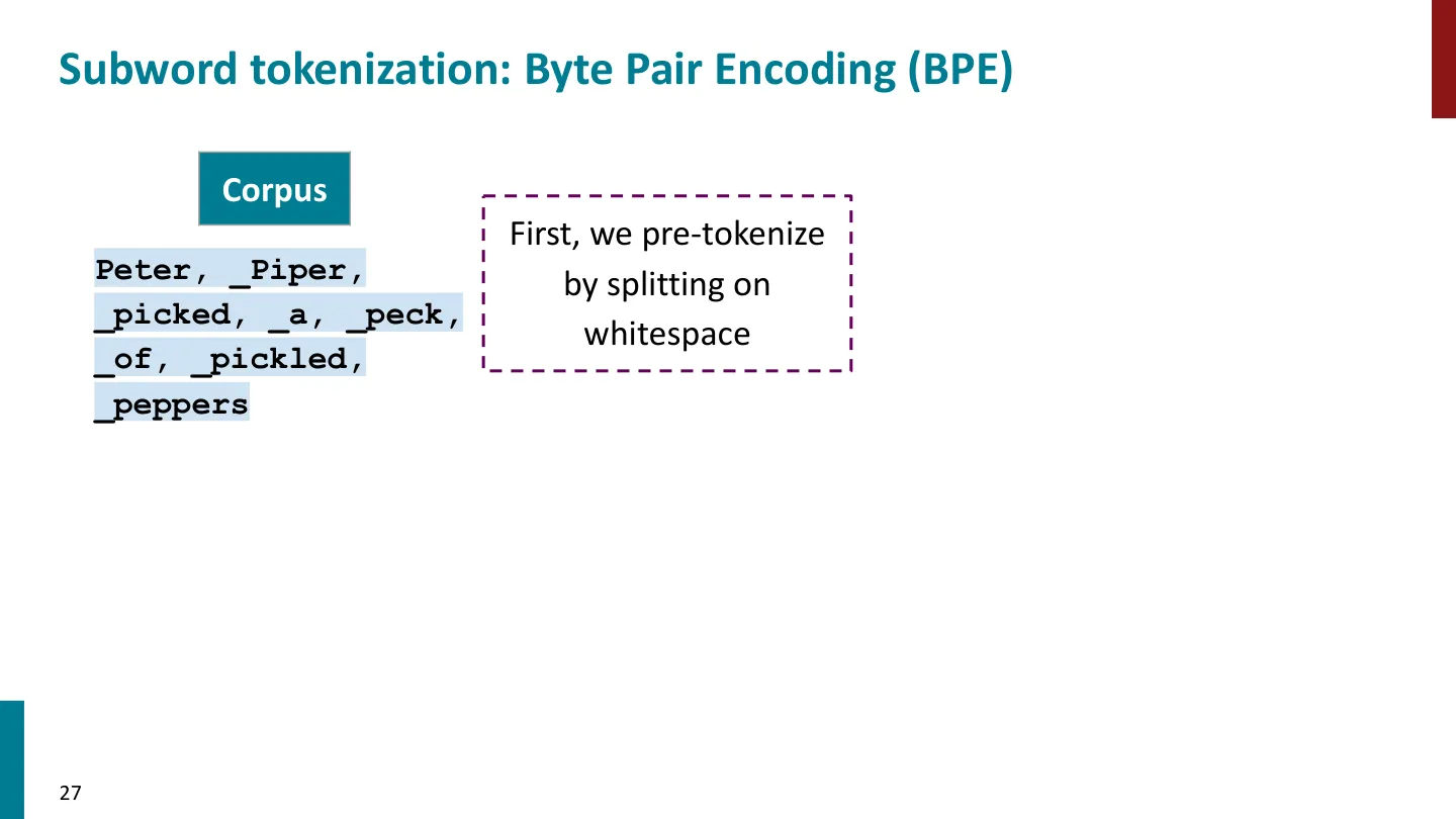 第 27 页幻灯片 · Subword tokenization: Byte Pair Encoding (BPE)