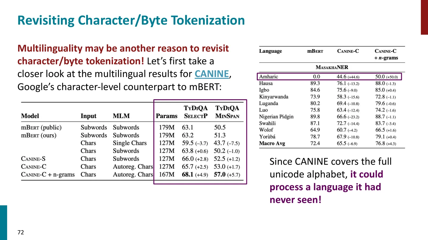 第 72 页幻灯片 · Revisiting Character/Byte Tokenization
