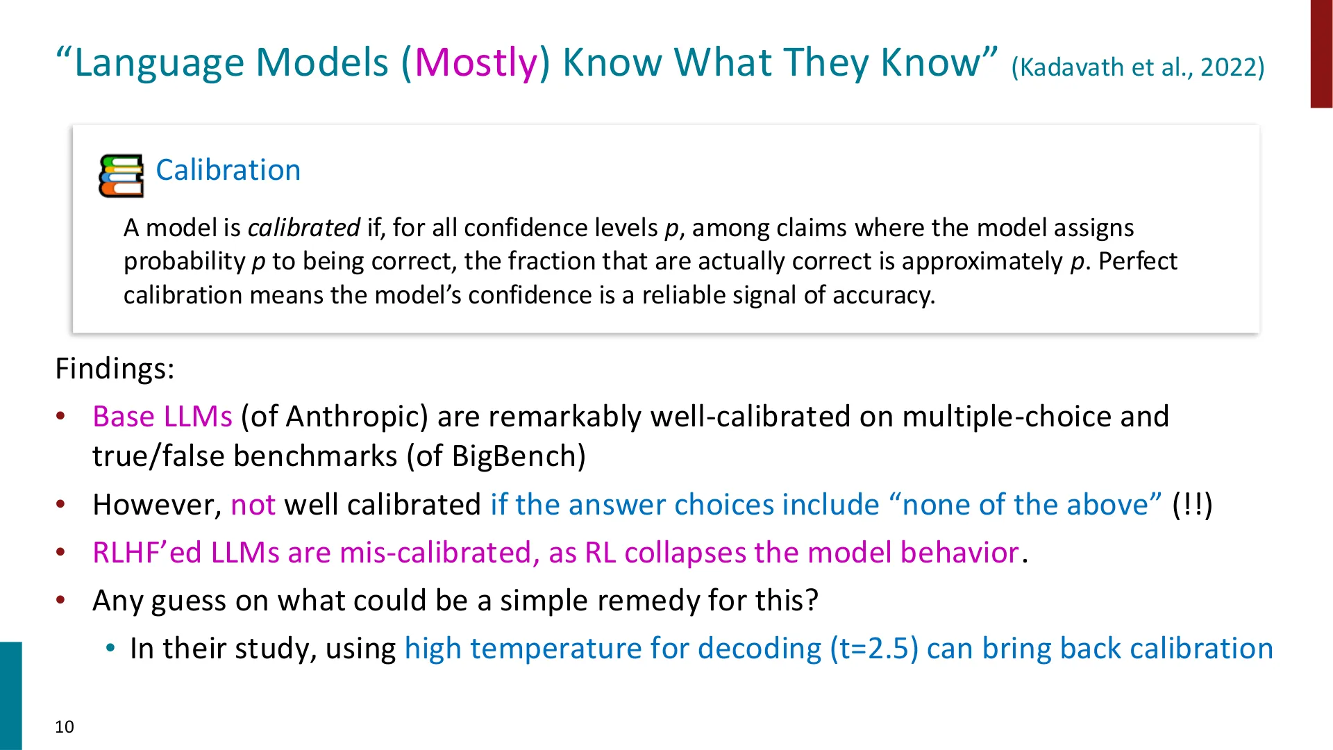 第 10 页幻灯片 · “Language Models (Mostly) Know What They Know” (Kadavath et al., 2022)
