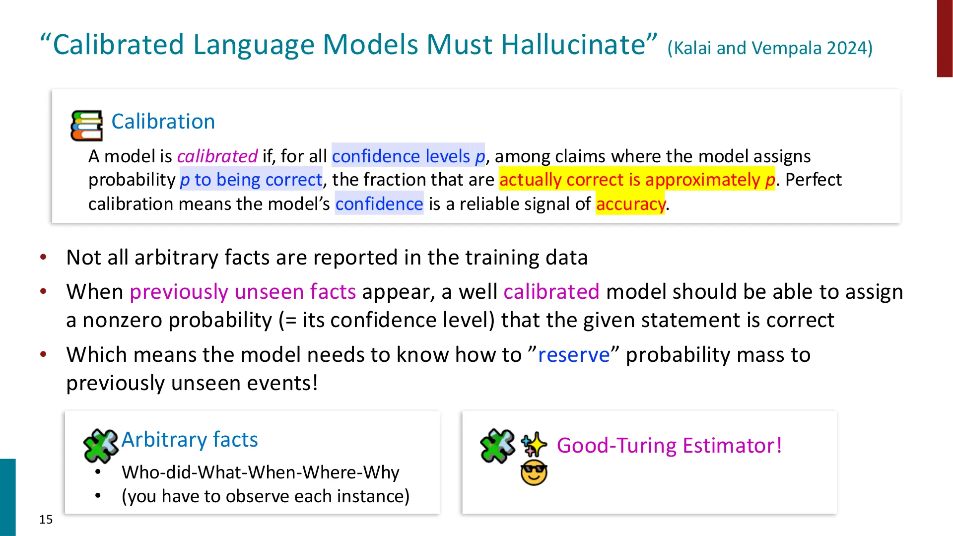 第 15 页幻灯片 · “Calibrated Language Models Must Hallucinate” (Kalai and Vempala 2024)