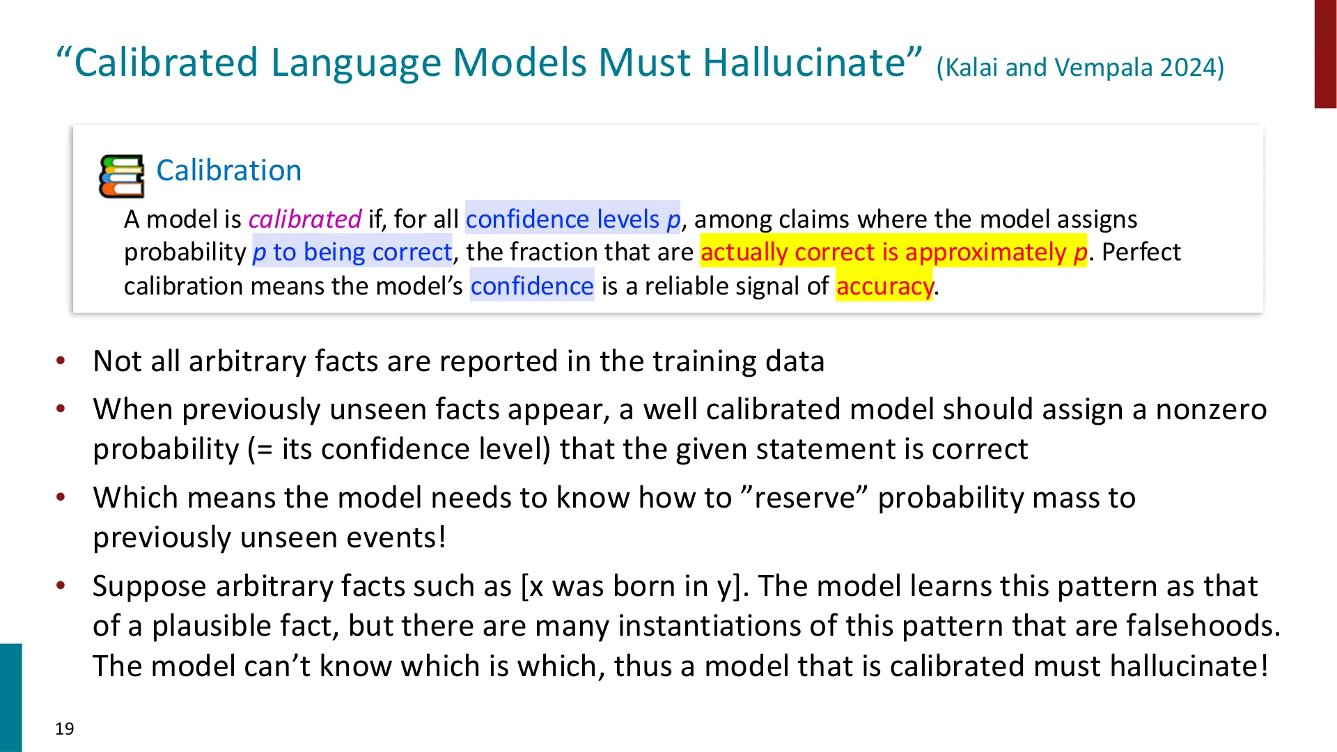 第 19 页幻灯片 · “Calibrated Language Models Must Hallucinate” (Kalai and Vempala 2024)