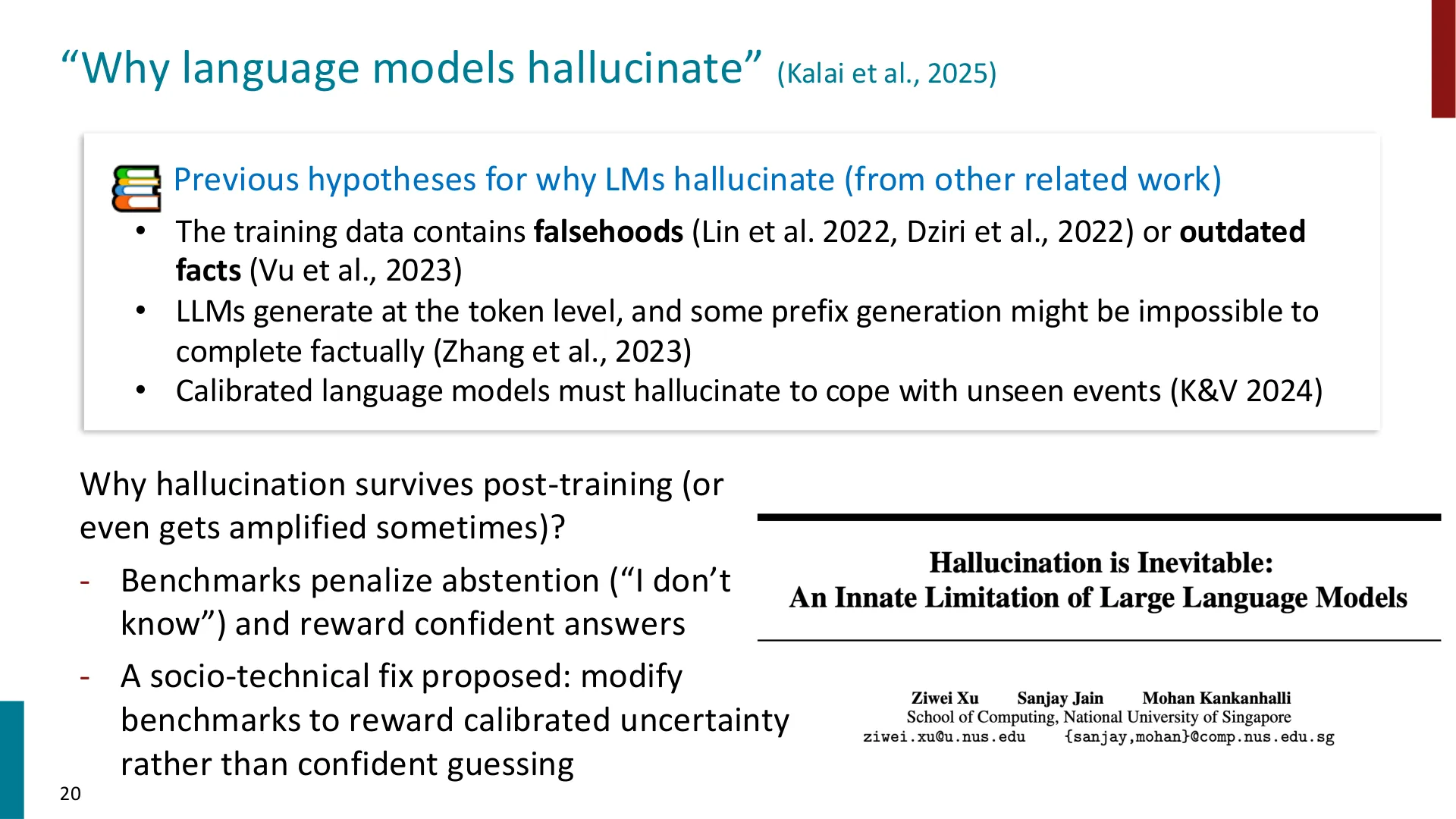 第 20 页幻灯片 · “Why language models hallucinate” (Kalai et al., 2025)
