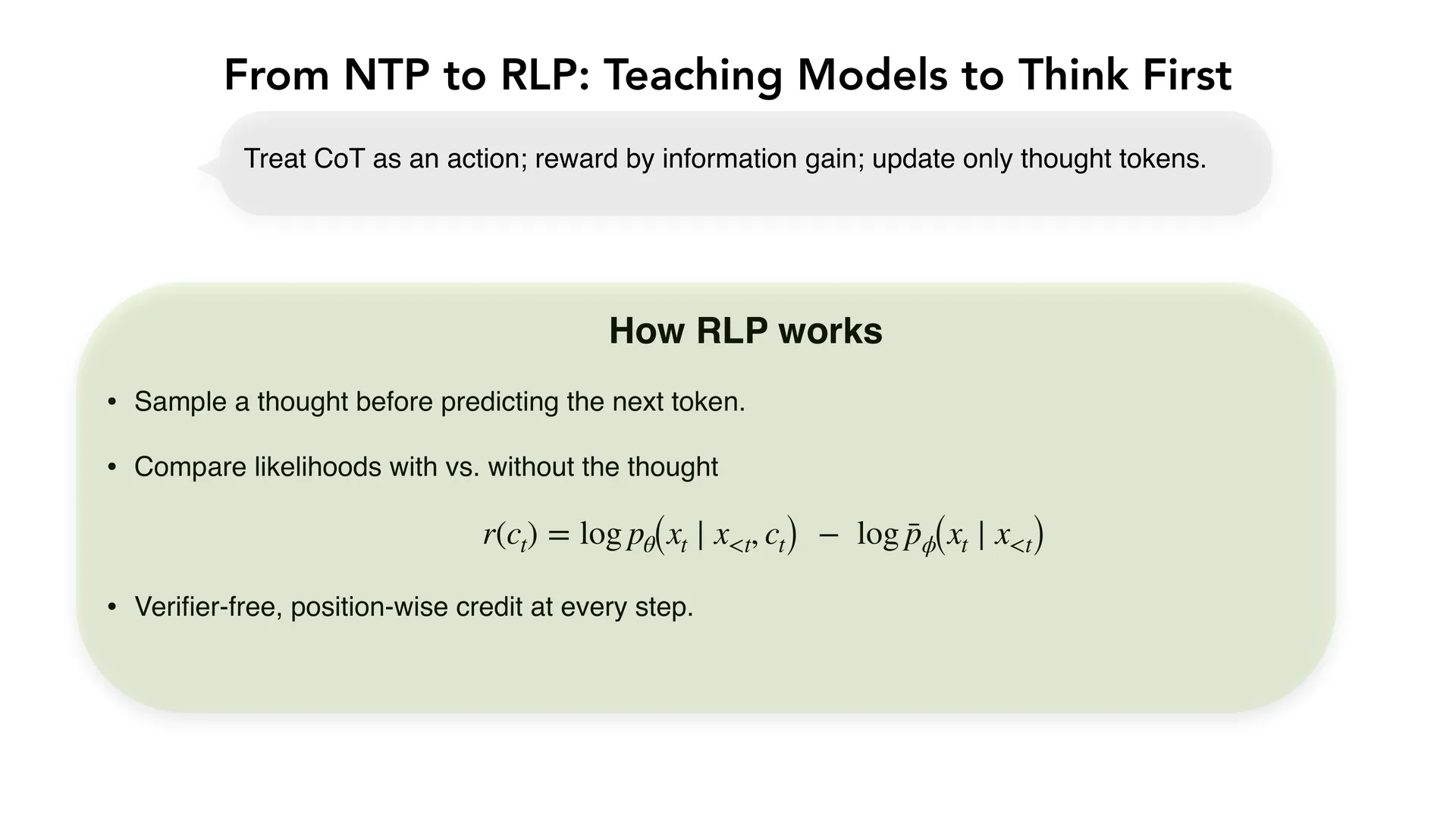 第 55 页幻灯片 · From NTP to RLP: Teaching Models to Think First