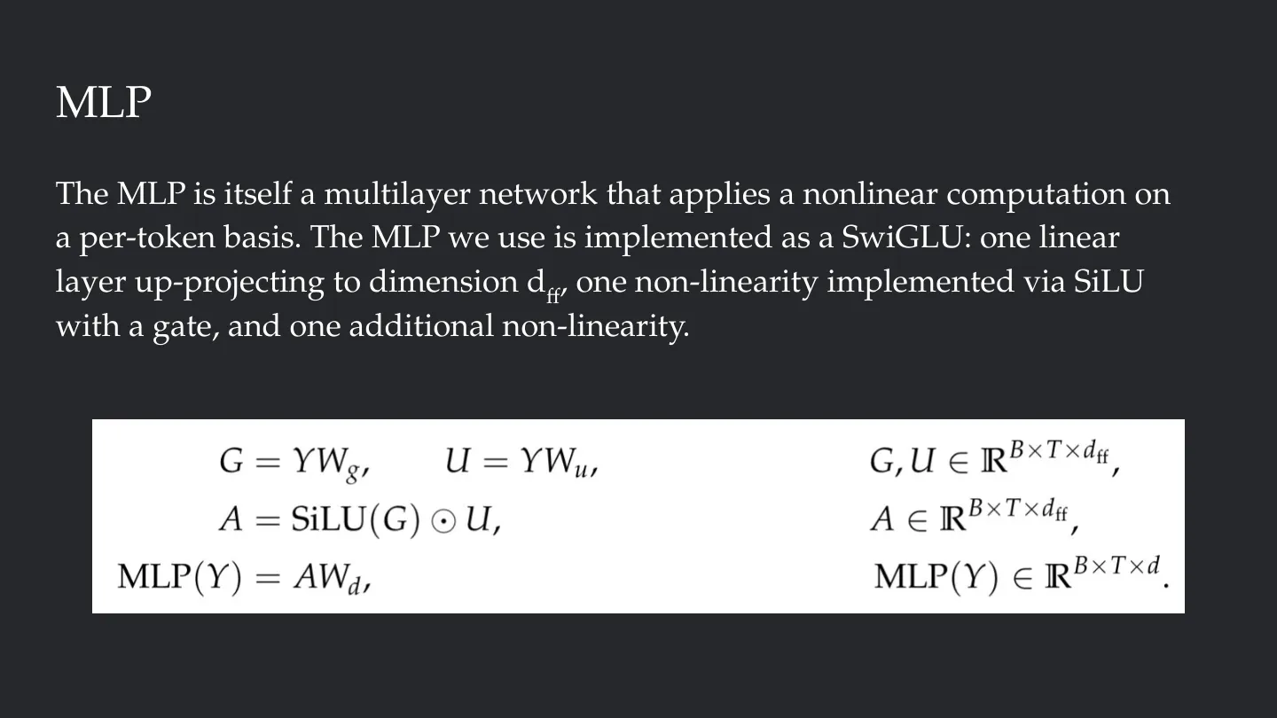 SwiGLU 的“上投影—门控非线性—逐元素相乘—下投影”结构用图看比读公式快得多，这页是本节唯一值得插入的结构图