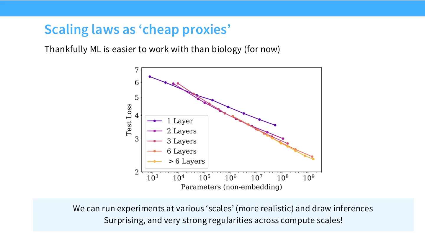这页把「廉价代理 / scaling laws」的角色点明，并配了跨算力尺度的规律性证据，是这一部分的枢纽