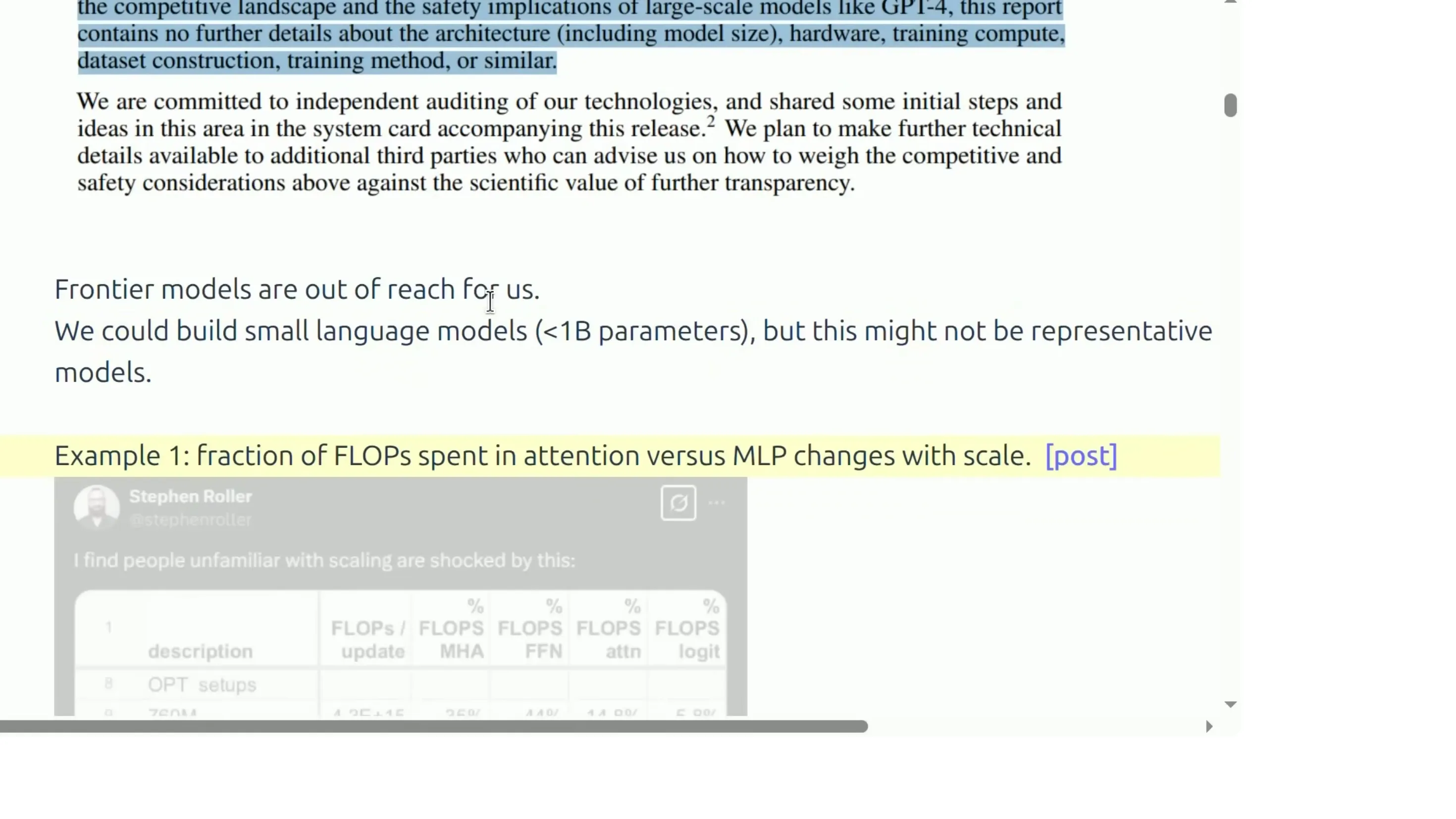 小模型与大规模模型的差异：MLP FLOPs 占比随规模上升