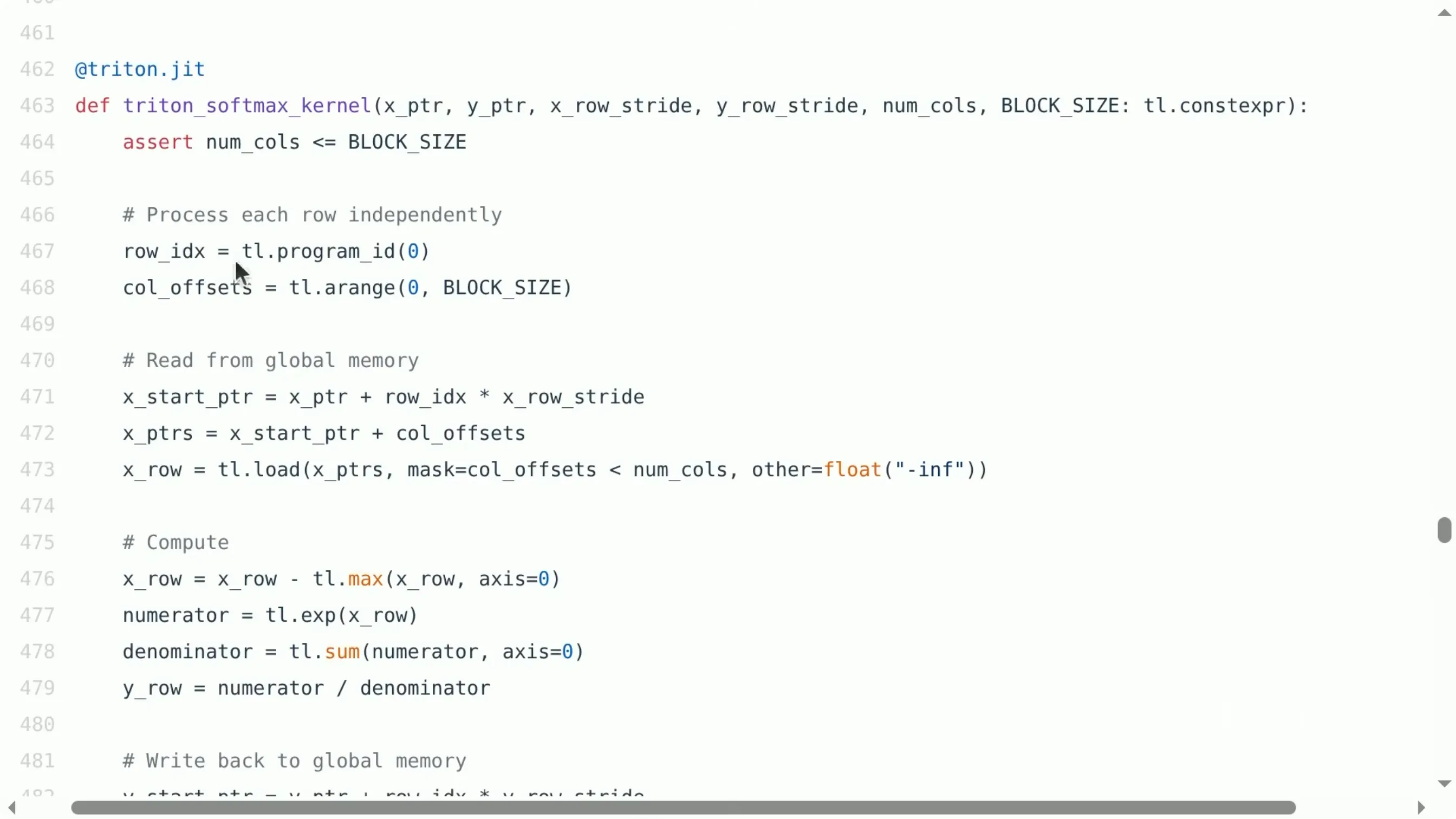 每行一个块的 softmax 核函数：归约发生在块内，块之间互不干扰