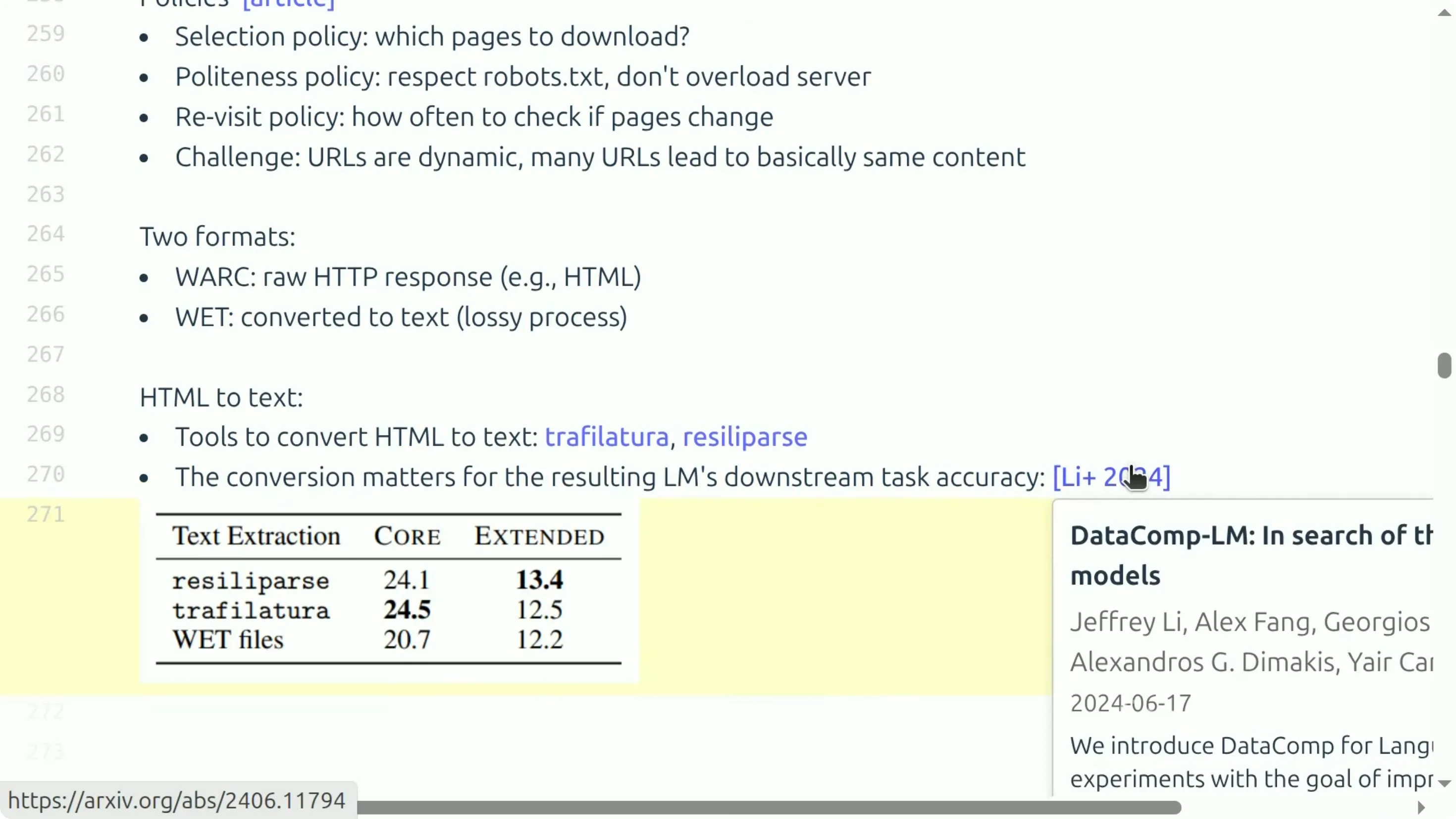 DataComp-LM 中不同 HTML→文本抽取工具的消融对比