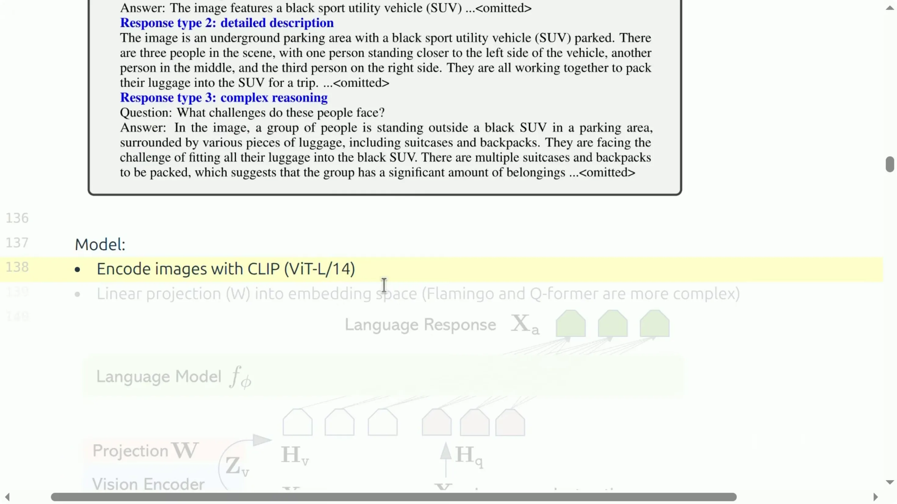 LLaVA 的架构：CLIP 图像编码器 + 线性投影 W + 语言模型