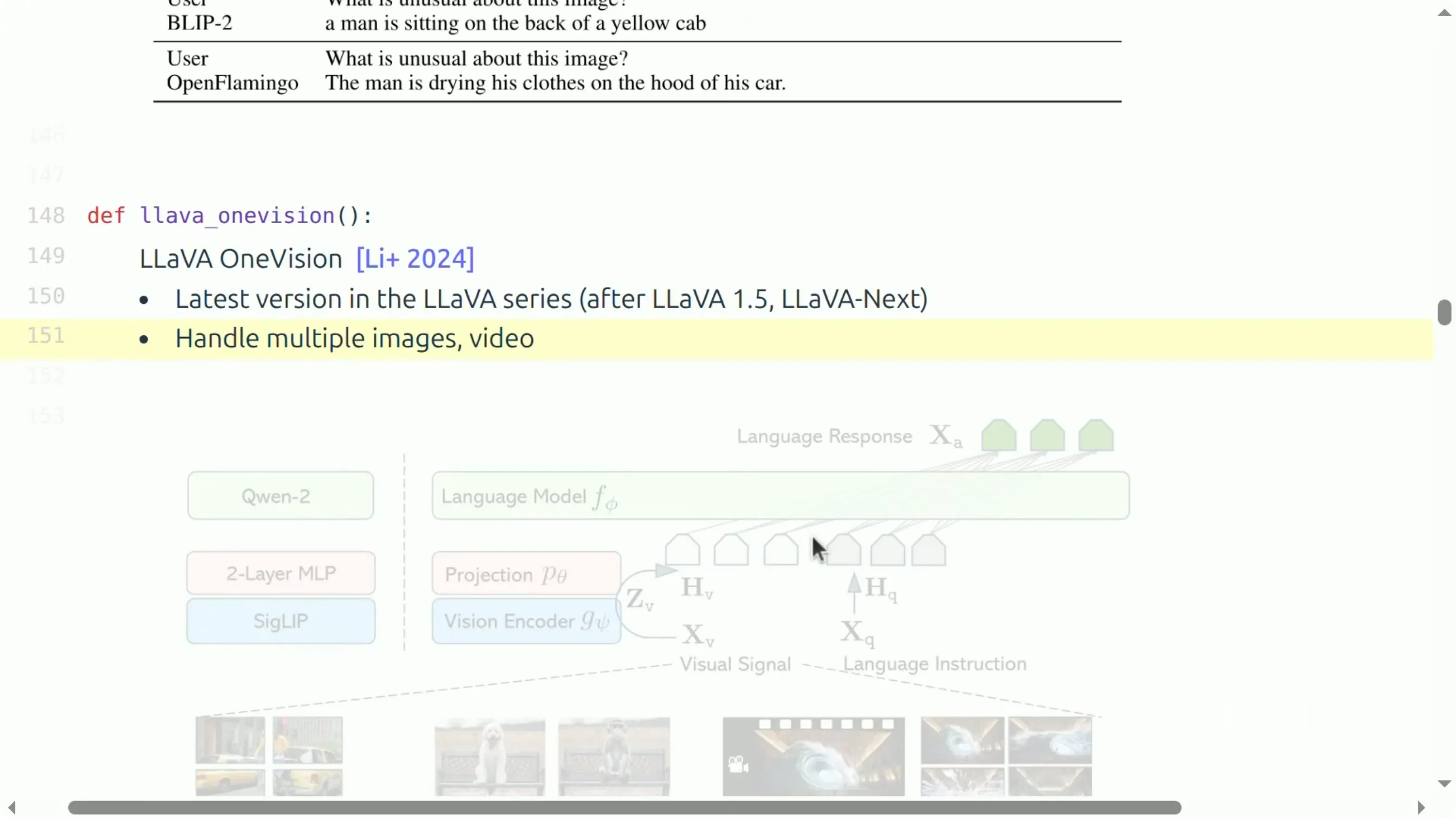 LLaVA 1.5 起支持多图与视频，视觉编码器换成 SigLIP，投影器换成两层 MLP