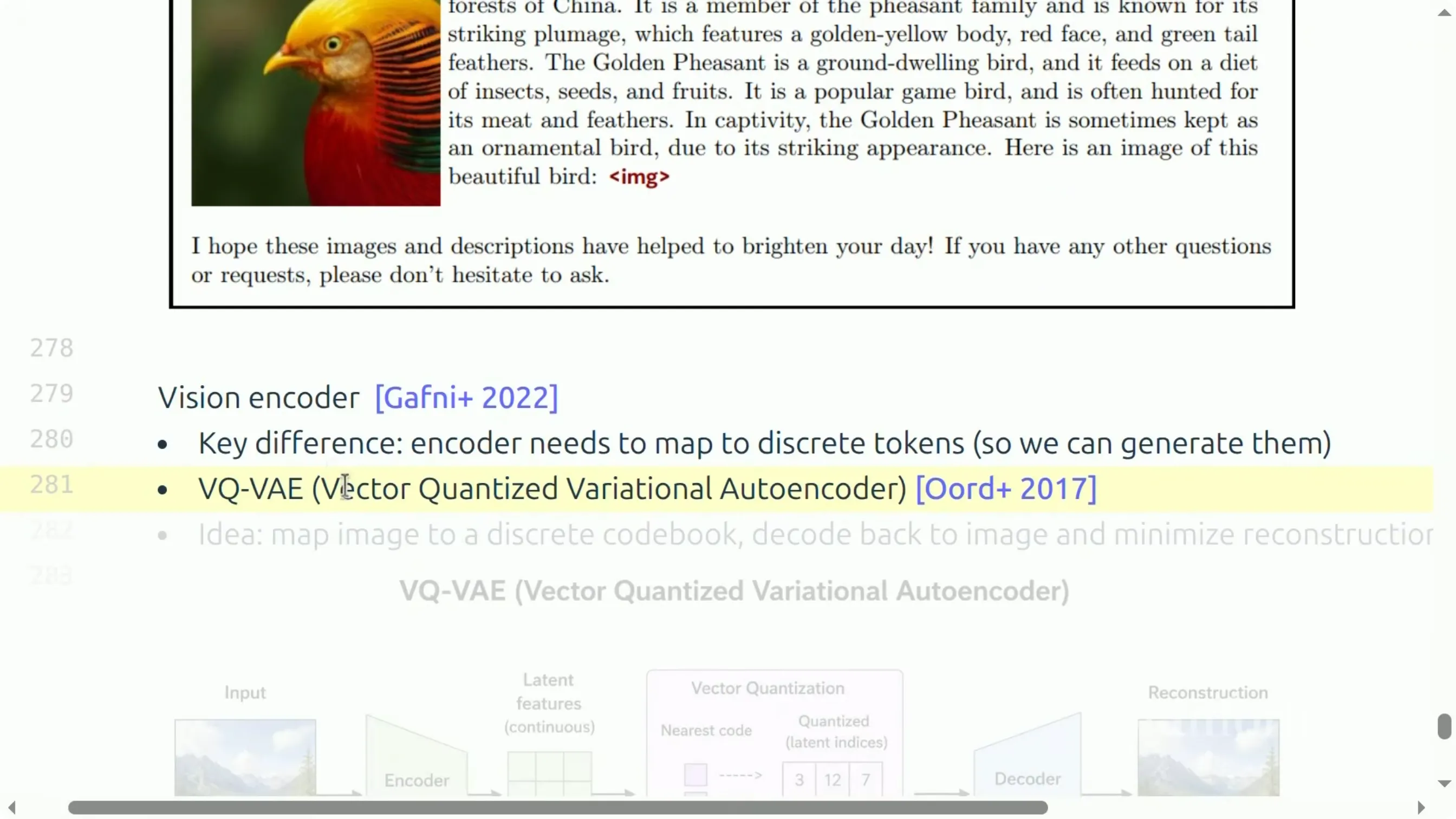 VQ-VAE：编码器输出连续向量，量化到码本中最近的码，再由解码器重建图像